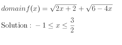 The domain of f(x)=sqrt(2x+2)+sqrt(6-4x) is -1<= x<= 3/2